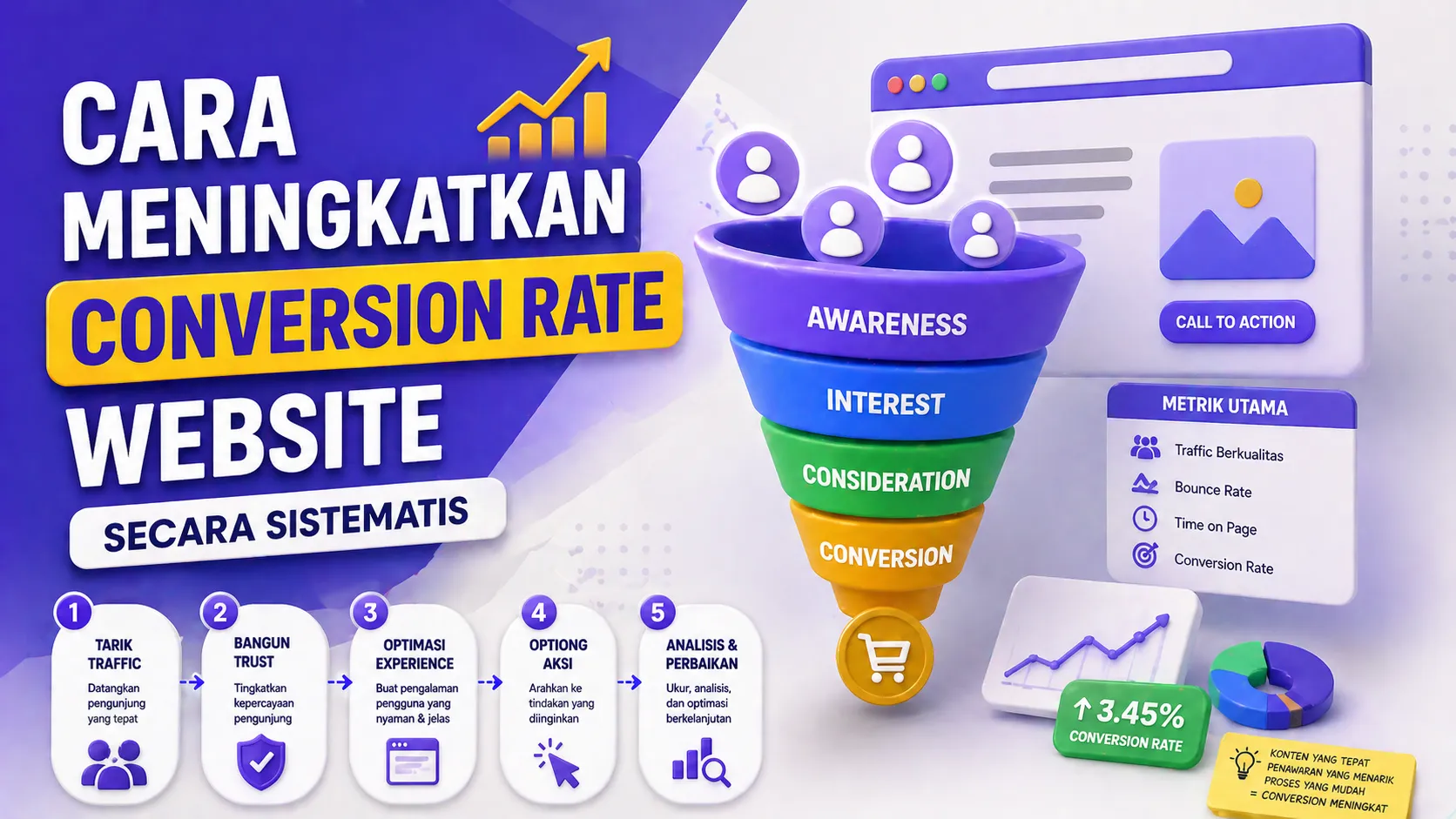 Conversion rate website rendah sering bukan karena traffic, tapi karena struktur dan trust. Pelajari pendekatan sistematis berbasis praktik lapangan untuk meningkatkan konversi secara nyata.